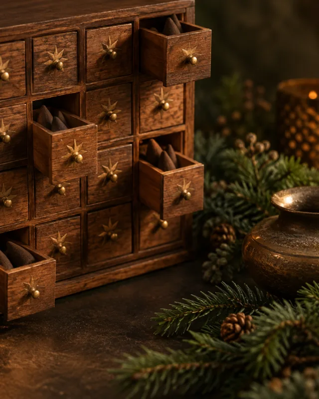 Holz-Adventskalender mit Räucherkegeln in den Schubladen (KI-Bild)