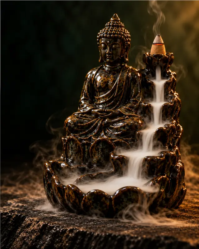 Räucherwasserfall Buddha aus dunkler Keramik