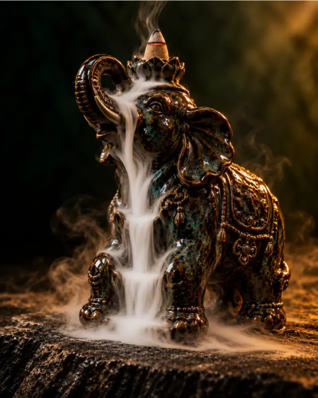Räucherwasserfall Elefant aus dunkler Keramik