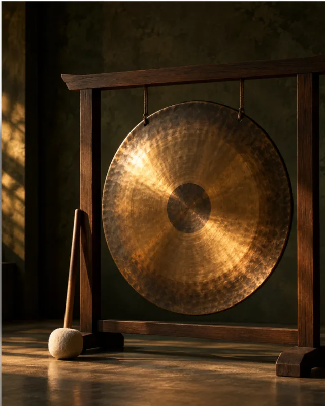 Runder Bronze-Gong im Holzgestell mit Schlägel (KI-Bild)