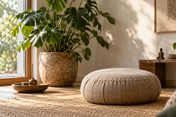 Meditationsecke mit rundem Sitzkissen aus Leinen, großer Zimmerpflanze und Licht vom Fenster