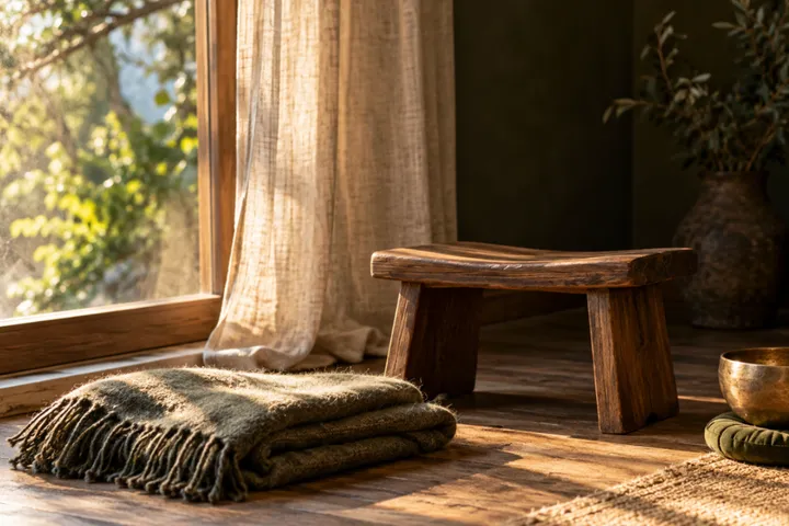 Meditationsecke am Fenster mit Holzhocker, Wolldecke und kleiner Klangschale auf einem Kissen