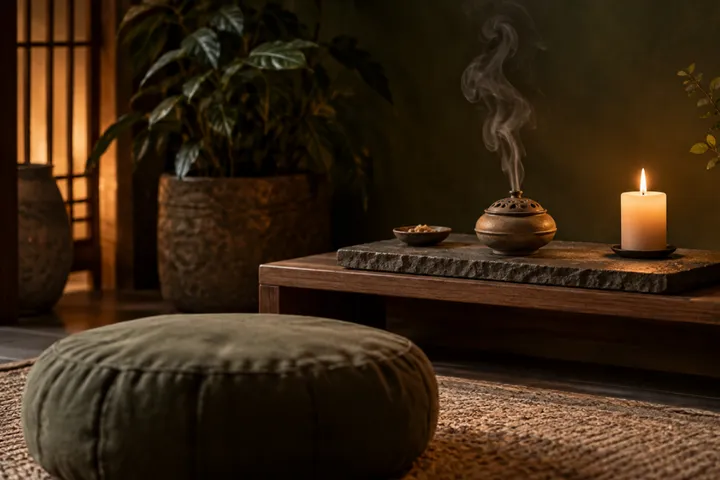 Meditationsecke mit Steinplatte auf einem Holzregal, Räuchergefäß, Kerze und Sitzkissen