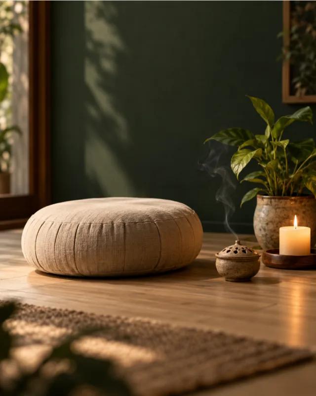 Meditationskissen mit Pflanze, Kerze und kleinem Räuchergefäß in einer ruhigen Ecke (KI-Bild)
