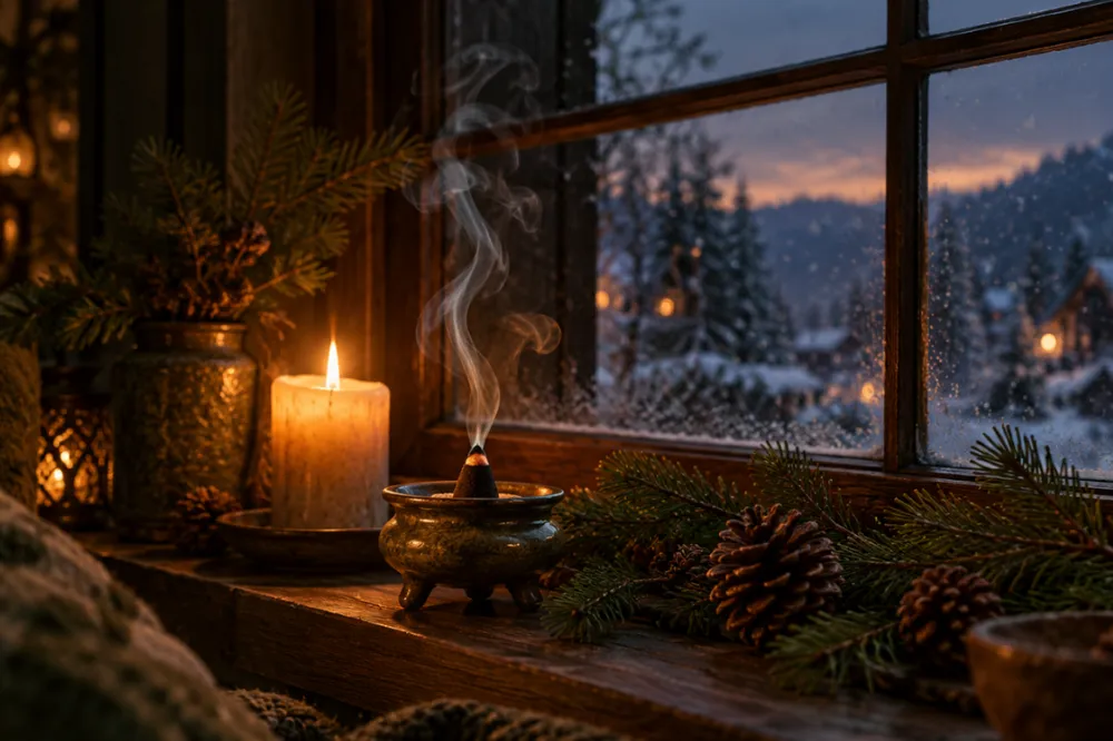 Räucherkegel in einem Gefäß mit Rauch auf einer Fensterbank, daneben Tannenzweige und Kerze, draußen Schnee