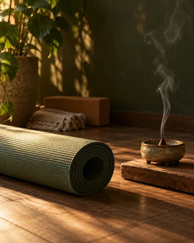 Yogamatte und Räuchergefäß
