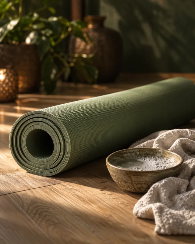 Zusammengerollte Yogamatte mit Tuch und Schale Seifenwasser (KI-Bild)